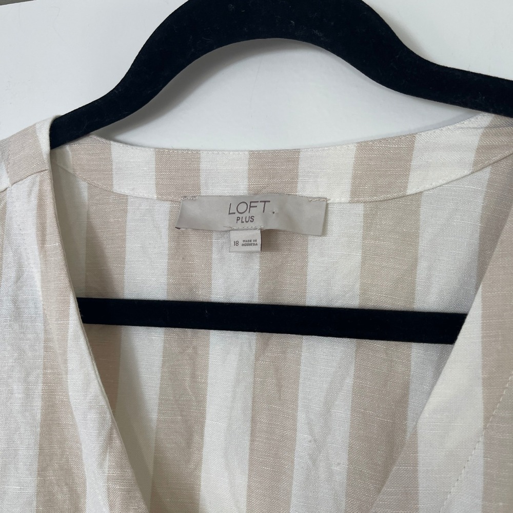 Loft Plus Tan White Coastal Striped Linen Blend ButtonFront Pocket Dress Size 18 - Picture 5 of 12